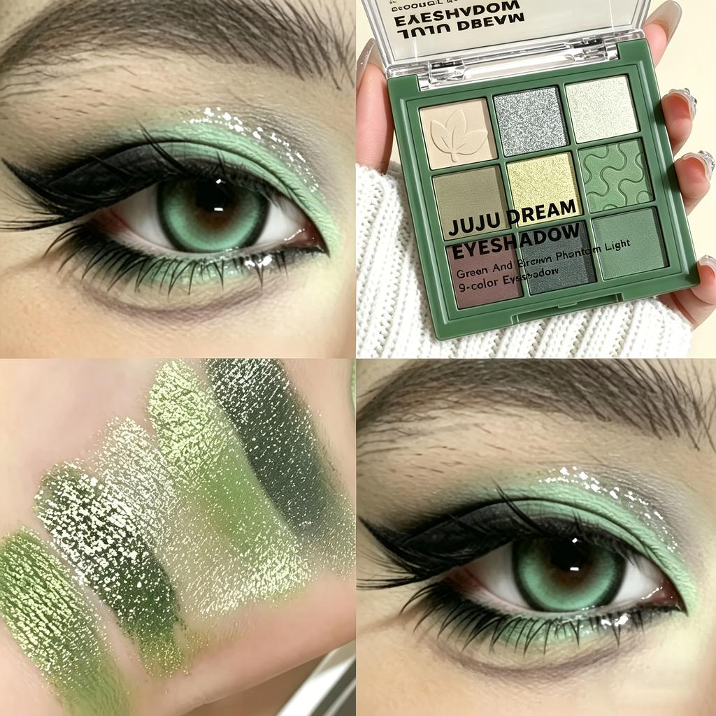 9 Shade Eyeshadow Palette Features Matte,and S Grass-green Tones. Perfect for Festive Occasions and Parties.