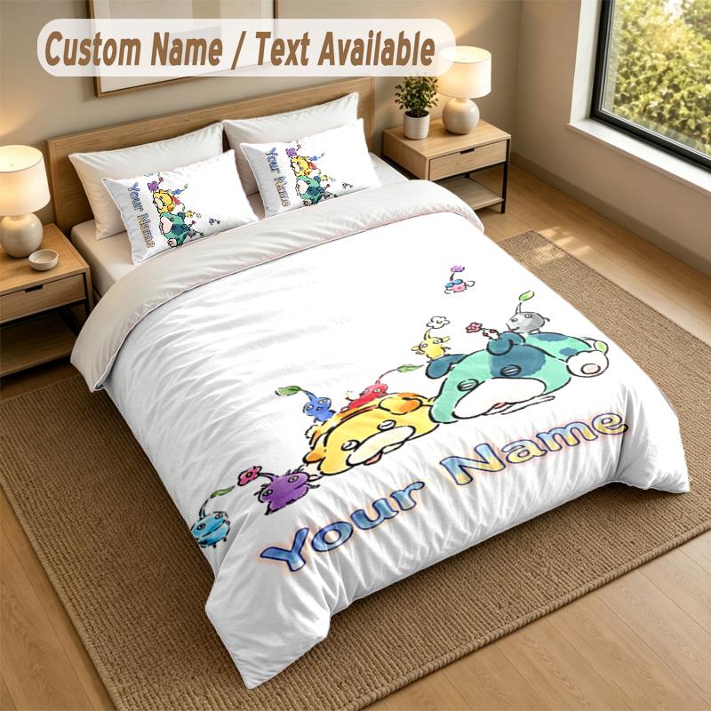 3Pcs Bedding Set Custom Name Text, 1 Sheet 2 Pillowcases Home Bed DecorPikmin