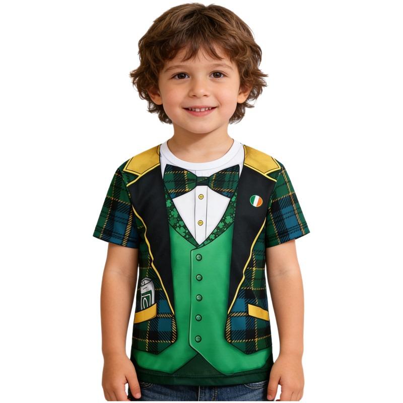 Kids Boys St Patricks Day Shirt 3D Print Round Neck Short Sleeve Pullover Shirt Fake 2-piece Style Top for Festival Party Stage