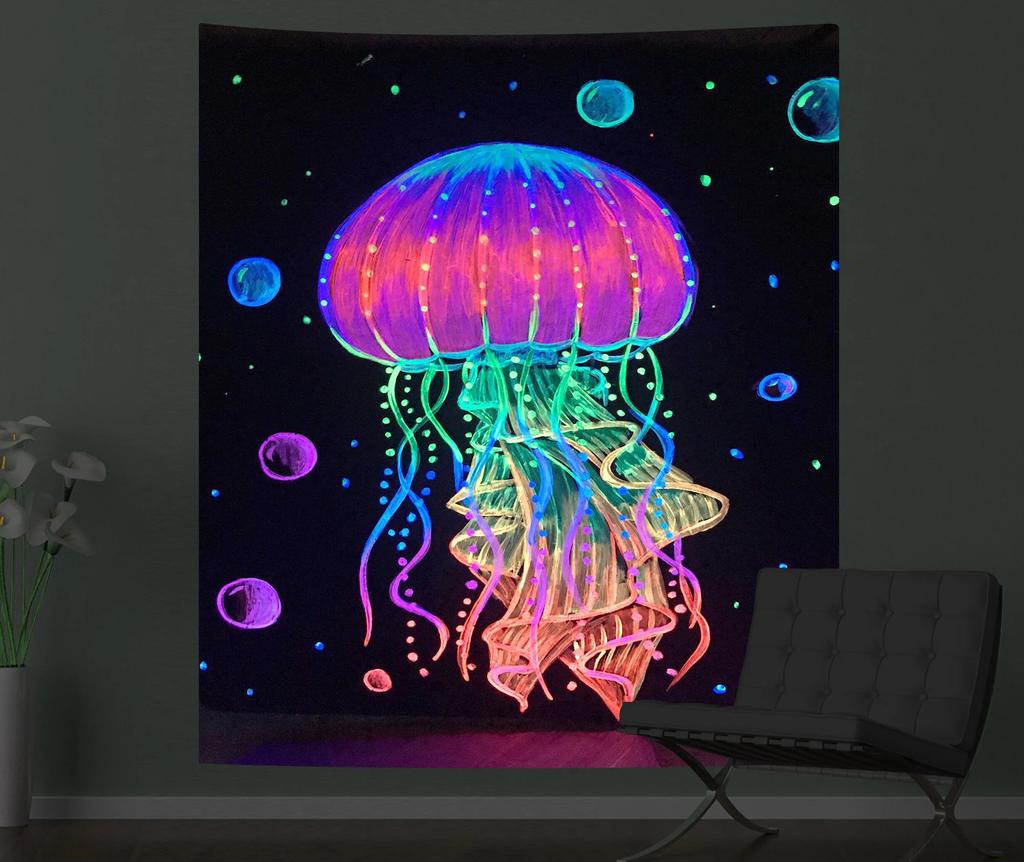 Black Light Tapestry Wall Hanging UV Reactive Psychedelic Jellyfish Hippie  for Bedroom Dorm Independent Room Decoration