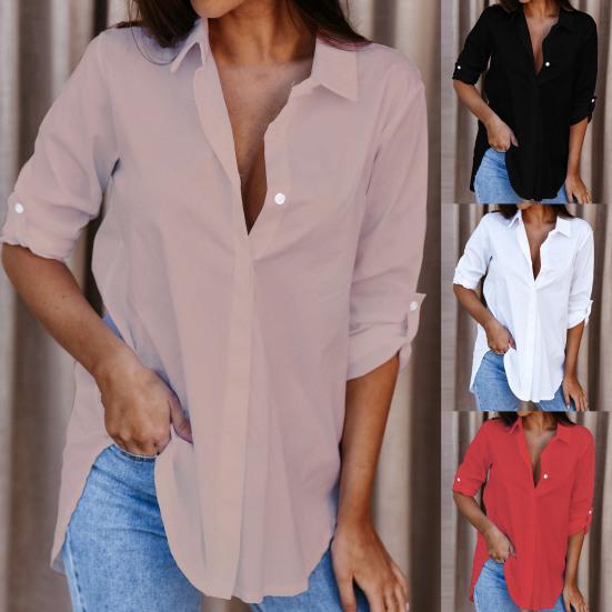 Turn-Down Collar Long Sleeve Women Shirt Buttons Closure Solid Color Loose Shirt Ladies Clothing