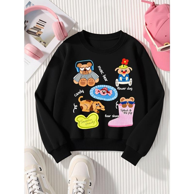 European Sizes Girls Soft Crewneck Sweatshirt Cute Animal Characters with Fun Accessories & Print, Casual All-Match, Ideal Holiday Present