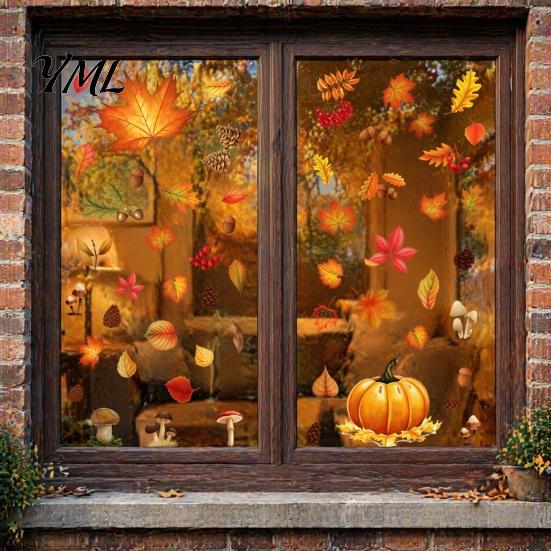 Nature Theme Window Art 5Pcs Autumn Maple Pumpkin Static Clings, Fall Harvest Stickers, Decorative PVC Glass Stickers Glue-Free Removable Decor