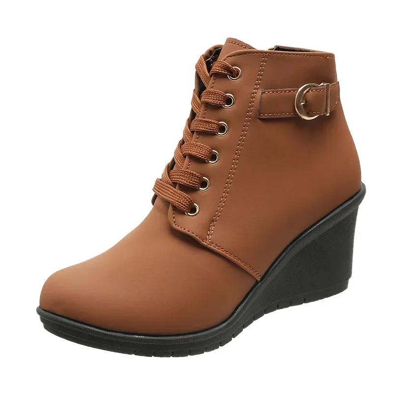 Retro Wedge Thick Bottom Round Toe High Heels Short Boots Lace Up Autumn Winter Warm Platform Ethnic Style Ankle Boots2025