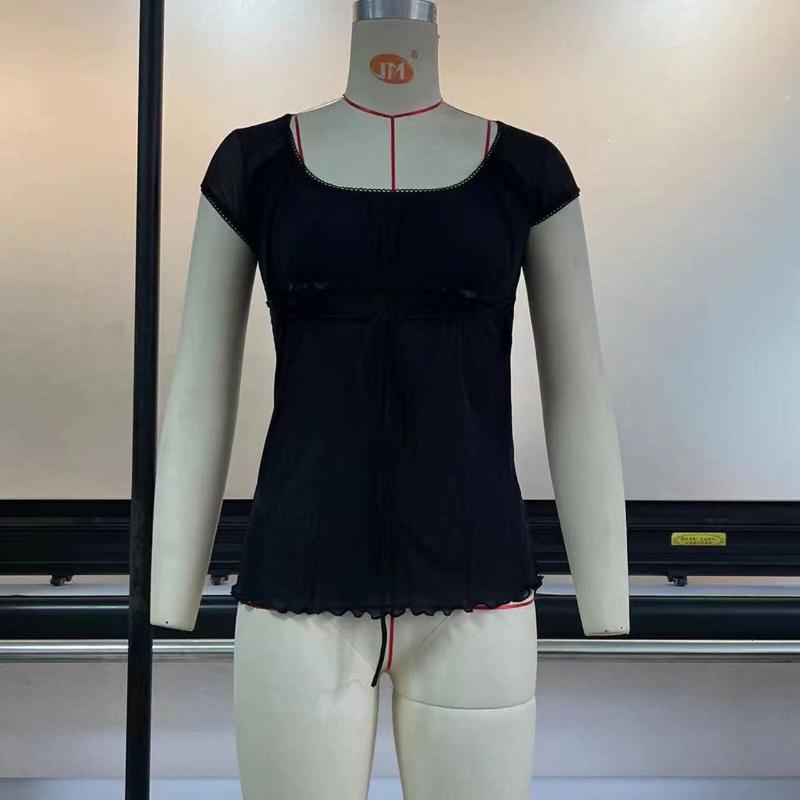 Elegant Lady Square Collar T-shirt Kawaii Bow Short Sleeve Pullovers Tees Y2K Vintage Fairy Women Crop Top Retro Clothes