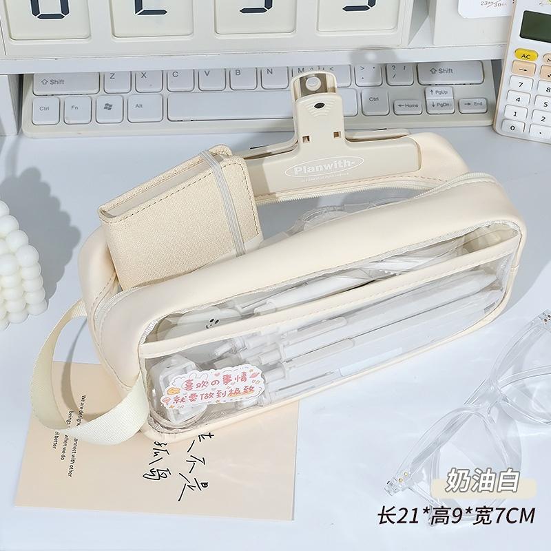 

Clear Large Capacity Cosmetic Bags Brushes Lipstick Eyebrow Pencil Holder Makeup Organizer Student PU Waterproof Stationery Bags бежевый