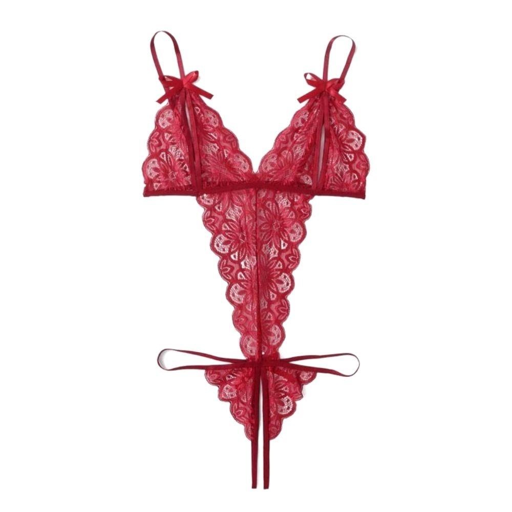 Mesh Hollow Women Lingerie Deep V Neck Lace Sling Nightwear Sweet Lace Bow Bodysuit  Gifts