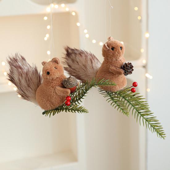 Yousheng Christmas Squirrel Ornament Foam Plush Squirrel Figurine with Pinecones Branches Furry Forest Animal Hanging Decoration for Holiday Xmas Tree