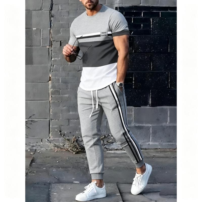 Men'S Athletic Suit  Regular Fit 2pcs Set | Pattern Short Sleeve T-Shirt And Long Pants