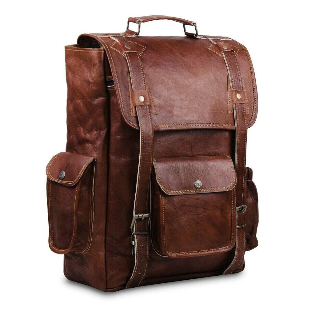 Handgefertigter Vintage-Rucksack aus echtem braunem 100 % Leder, Reisetasche, Unisex