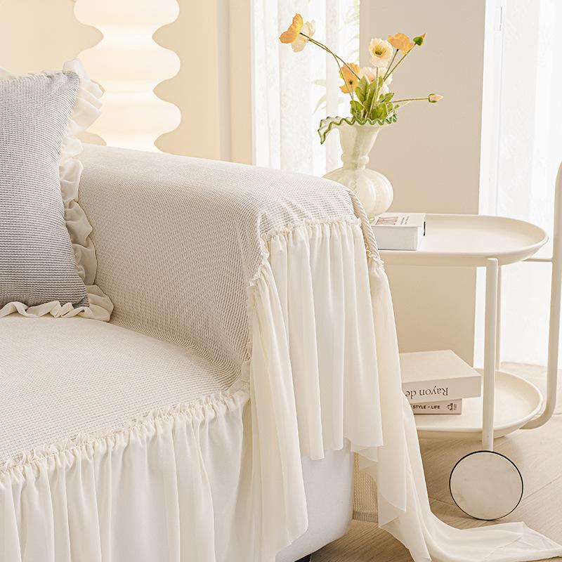 Cream Style Sofa Throw, Full Coverage All-Season Lace Skirt Sofa Cover, Universal Full Package Blanket