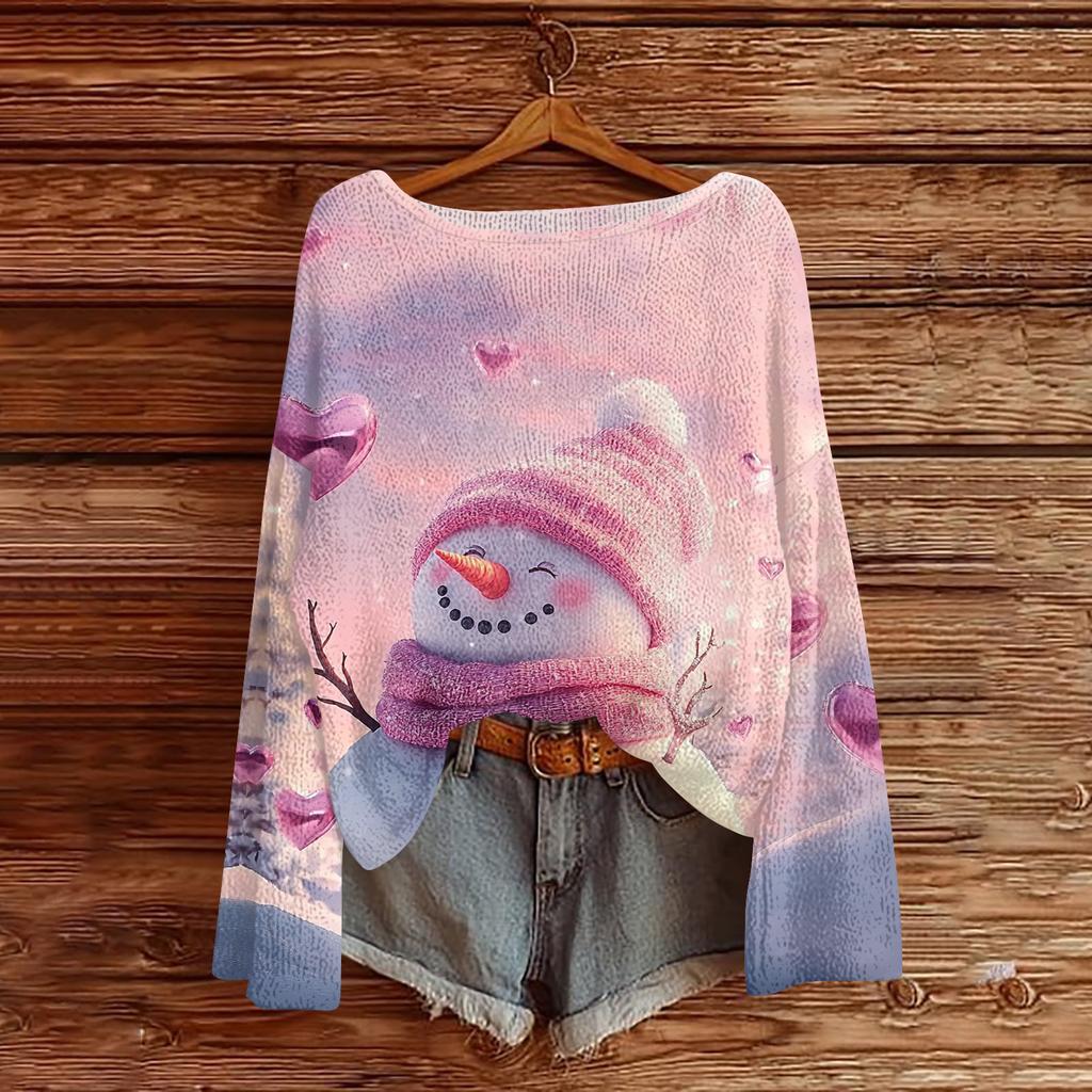 Women's Fashion Christmas Print Lightweight Sweater Casual Long-Sleeve Knit Pullover Top