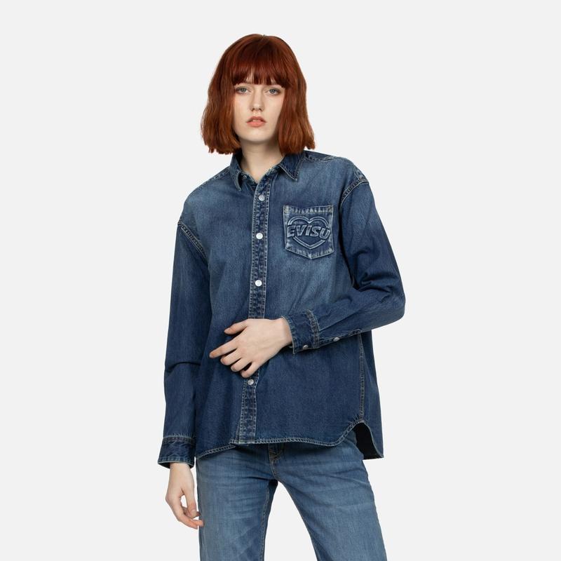 Evisu SS24 Camicia in Denim con Tasca Embossed a Marchio e Multi-Stampa Camicie Unisex Blu Denim 2ESHTW4SL4106BFDN