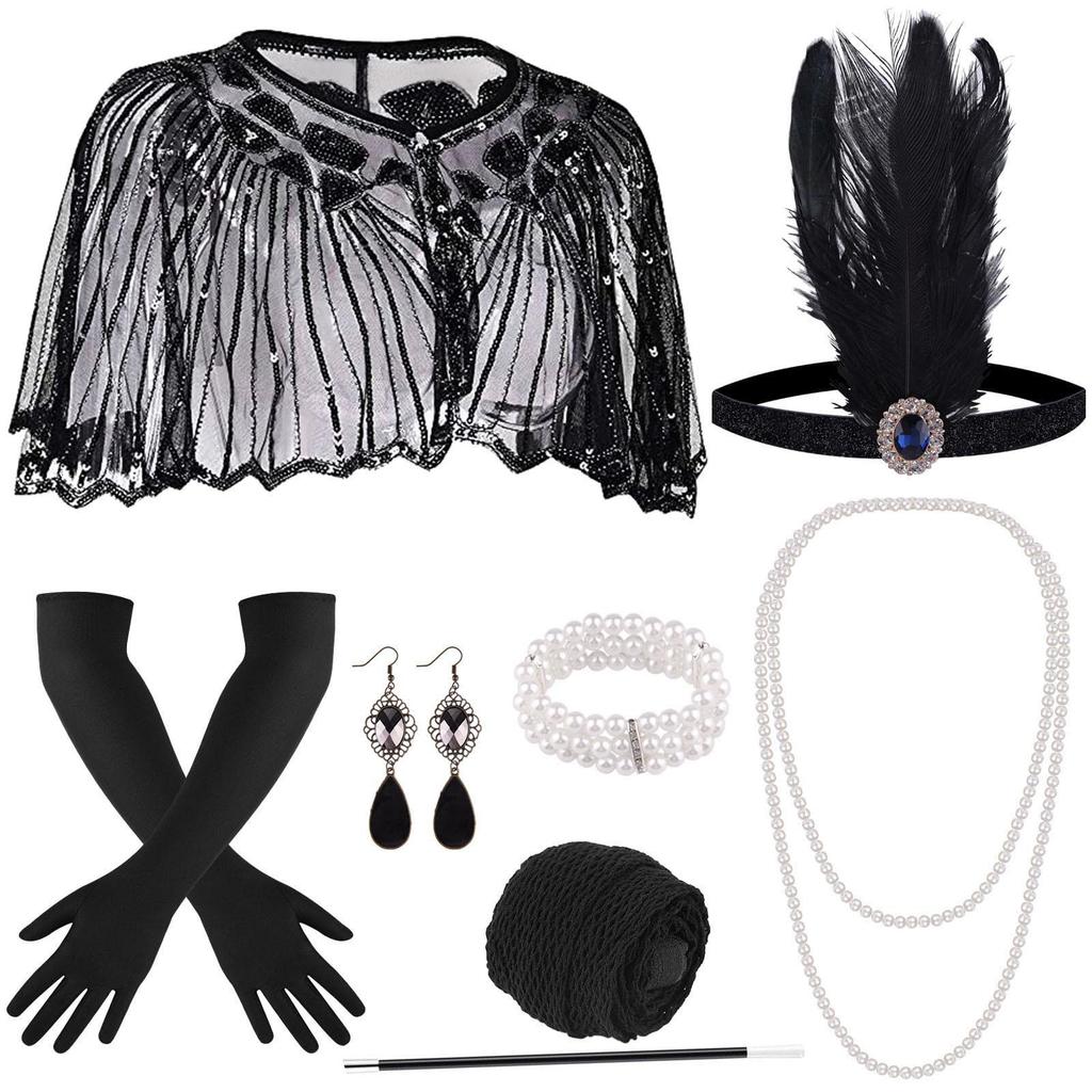 1920s Gatsby-Inspired Women's Accessory Set: Headband, Headdress, Shawl, Necklace, Gloves