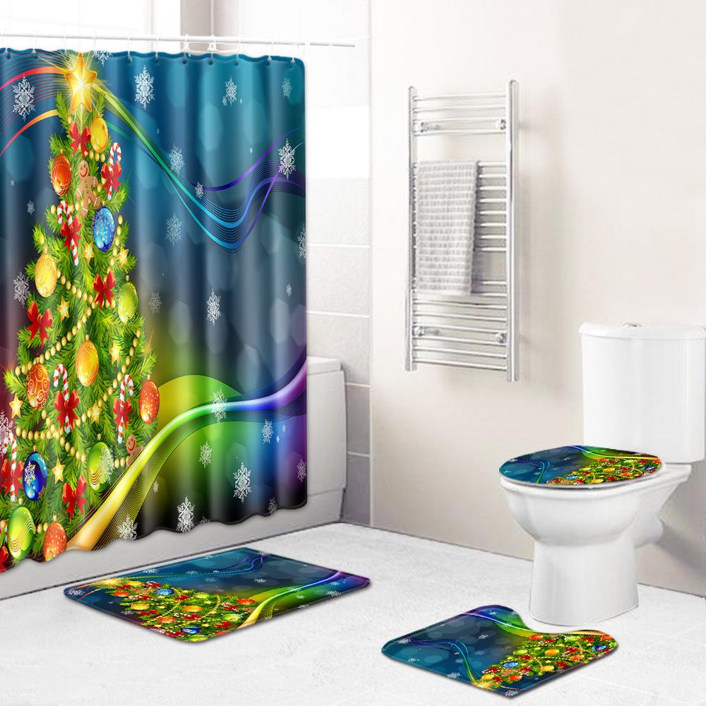 Christmas Waterproof Shower Curtain Four-Piece Floor Mat Combination Set Household Door Mat Bedroom Living Room Carpet