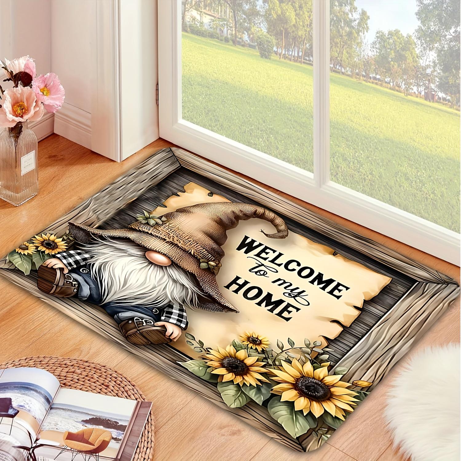 

Gnome on Wooden Frame Sunflower Doormat, Soft Flannel Welcome Rug, Fade-Resistant Non-Slip Machine Washable Door Carpet 40x60cm