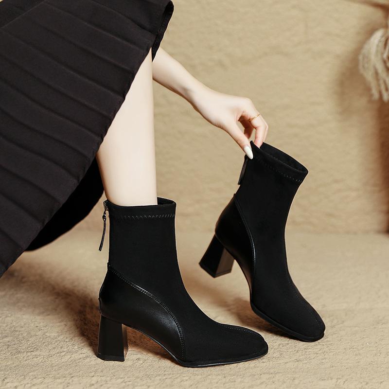 High-heeled Short Boots Women's 2025 New Autumn and Winter Medium Tube Women's Boots Splicing Square Head Thick Heel Thin Boots French Small Short Boo