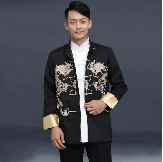 Men's Bright Red Embroidered Dragon Tang Suit Jacket - Long Sleeve, Stand Collar, Double Layer, Open Front Retro Design for New Year Performance.