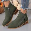 Women's Shoes, Women's Boots, Suede, Round Toe, Side Zipper, Thick Heel, Leather Boots, Women's Short Boots