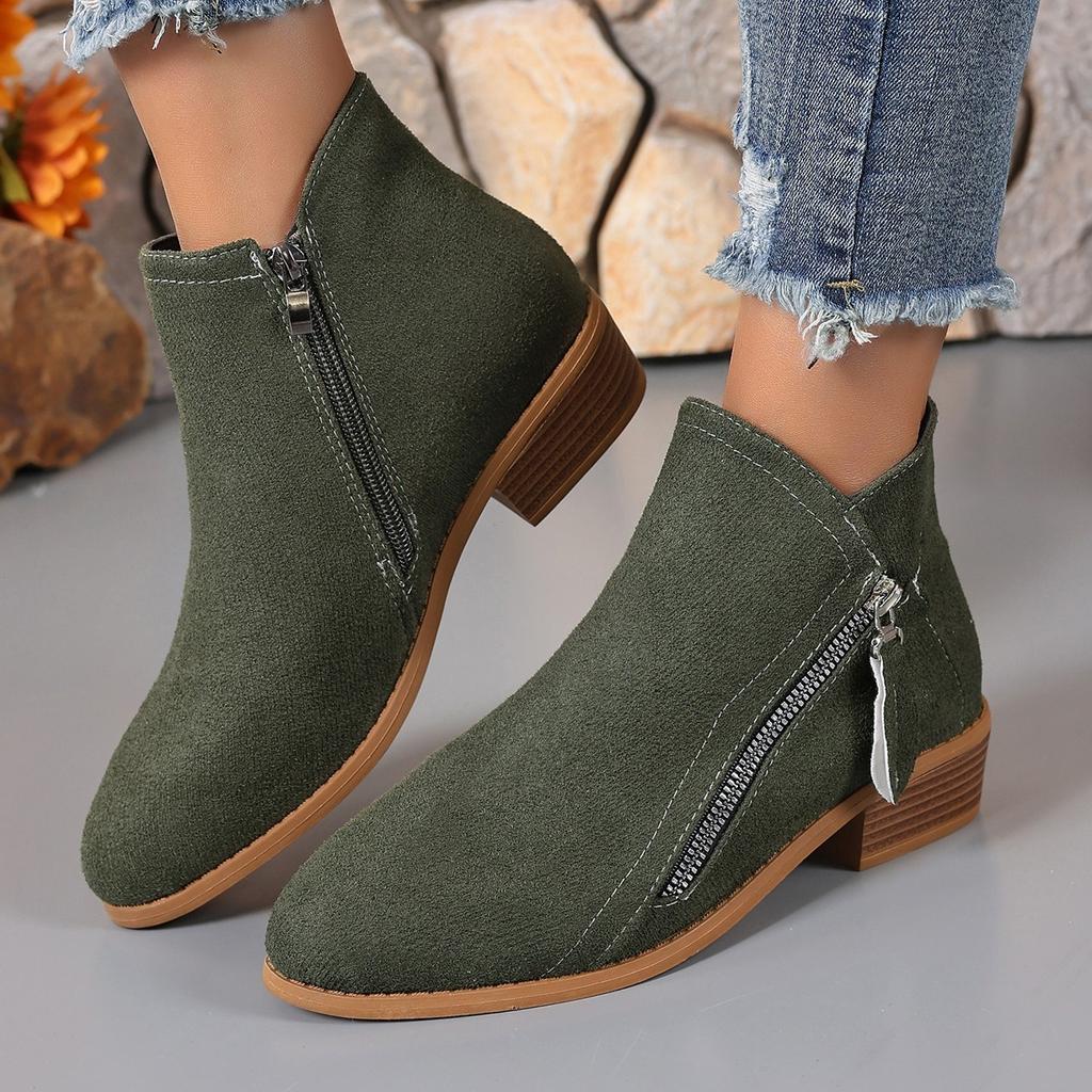 Women's Shoes, Women's Boots, Suede, Round Toe, Side Zipper, Thick Heel, Leather Boots, Women's Short Boots