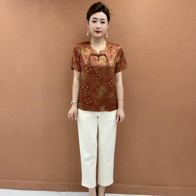 

Summer 2026 Retro Chinese Style Printed T-shirt for Middle-Aged & Elderly Women - Slimming Short Sleeve Round Neck XL (90-105 jin)