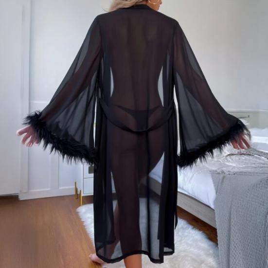 Feather Trim Sheer Mesh Robe for Women Long Sleeve Belted Kimono Robe