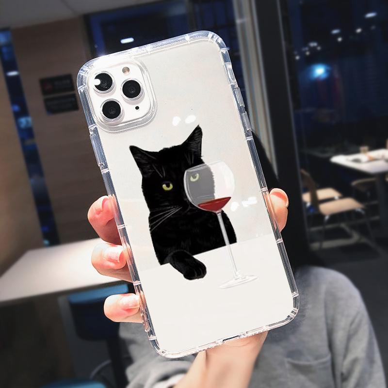 Hot Cartoon Coffee Black Cat Phone Case For iPhone 14 15 16 Pro Max 13 11 12 Mini X XR 7 8Plus Shockproof Clear Soft Cover Shell