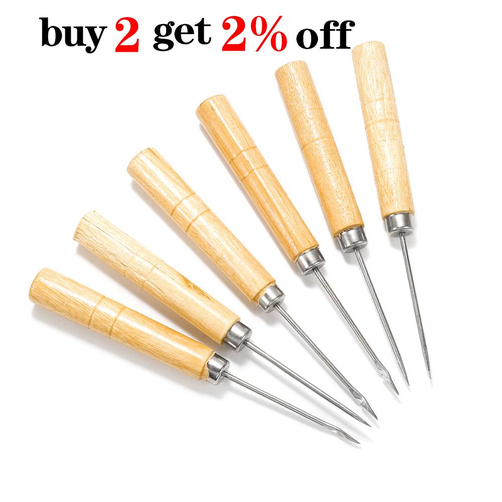 2pcs Wooden Handle Sewing Awl Hand Stitching For DIY Leather Bracelet Jewelry Making Repair Tool Punch Sewing Needle Hook Tool