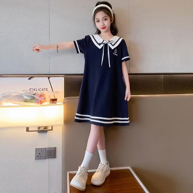 Summer Student Academic Girls Party Dress Jk Bow Sailor Collar Teens Striped SHORT SLEEVE Clothes Toddler 4 8 10 12 14 Year