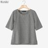 ZANZEA Women Casual Round Neck Half Sleeve Loose Plaid Print Blouse