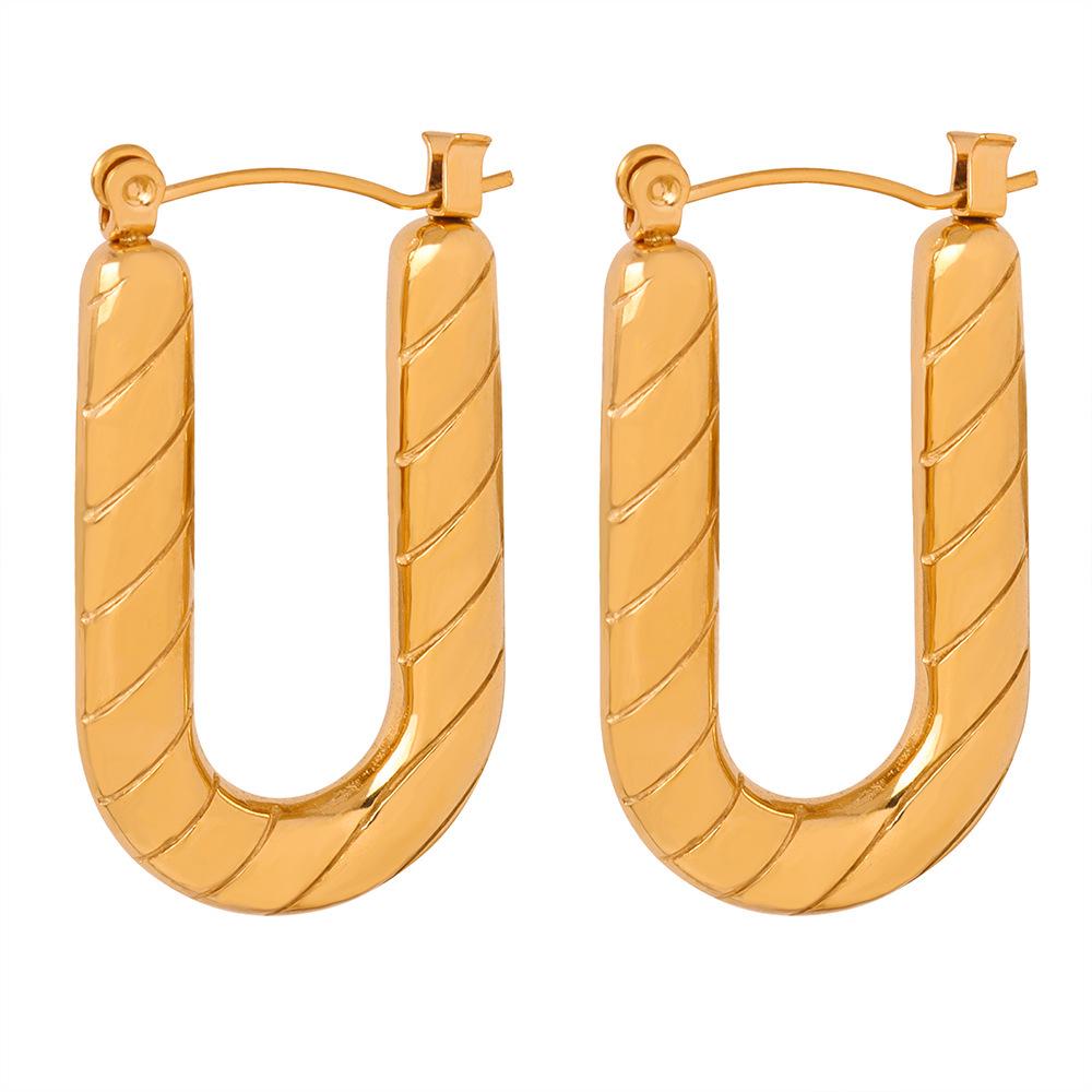 European & American U-Shaped Long Plaid Earrings, Gold-Plated Titanium Steel, Colorfast Jewelry for Women