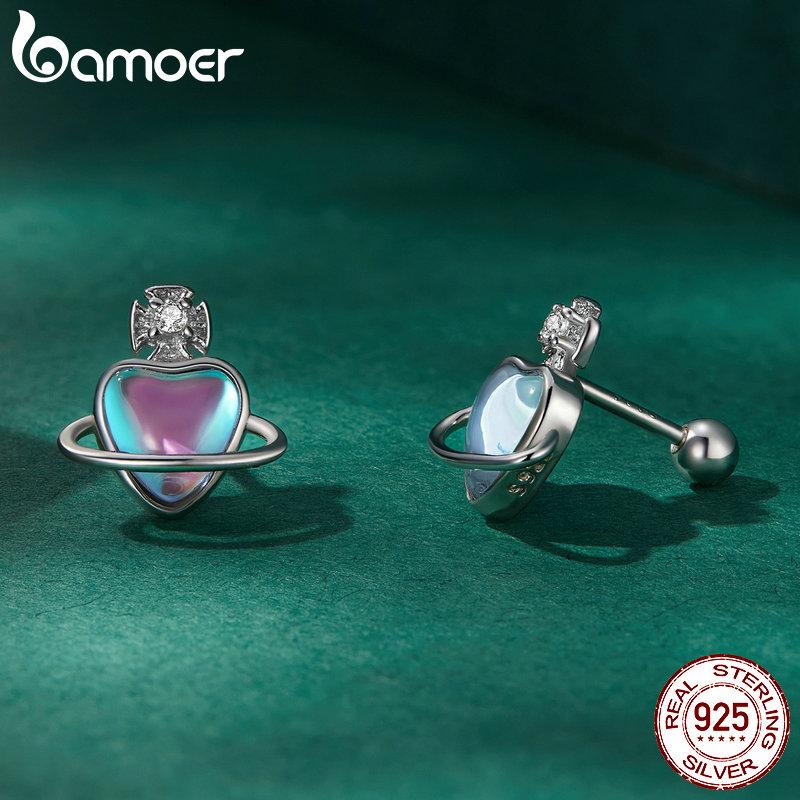 BAMOER 925 Sterling Silver Love Planet Stud Earrings for Women Fine Jewelry Simple Blue Heart Earrings Anniversary Gift