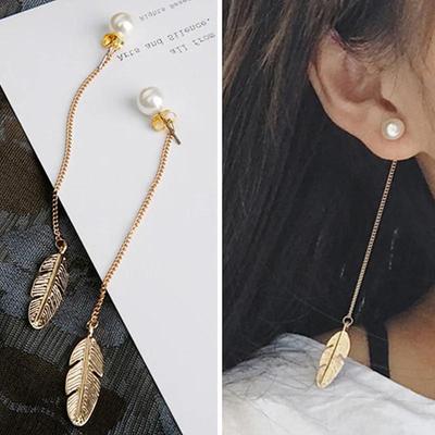 Simulated Pearls Long Tassel Dangle Earrings For Women Leaf Feather Dangling Earrings Korean Slim Face Chain Ear Jewelry Eardrop