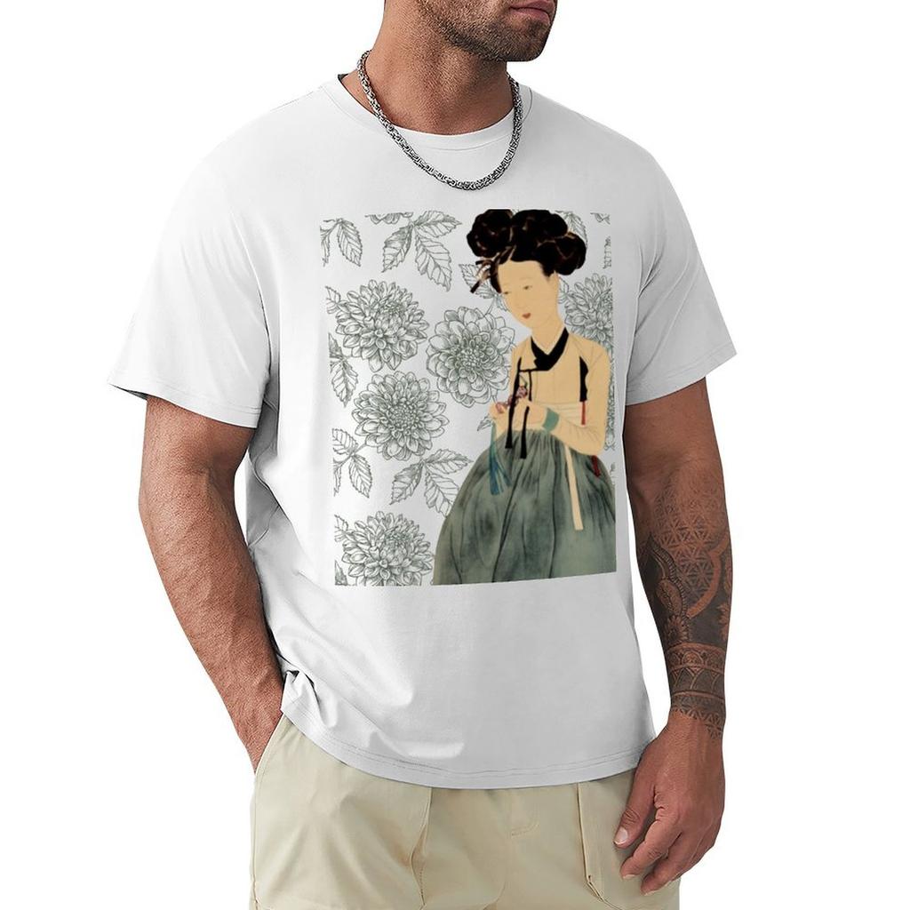 Lovely Korean Unisex In A Tealgreen Hanbok Tshirt Basic All Season Solid Tshirt