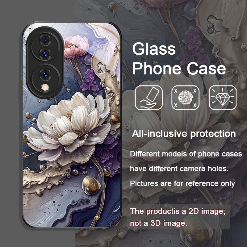 Luxury Lotus Marble Floral Pattern Tempered Glass Phone Case for Huawei Nova 13 12 11 10 SE Mate 70 60 50 ProPlus P60 P40 Cover