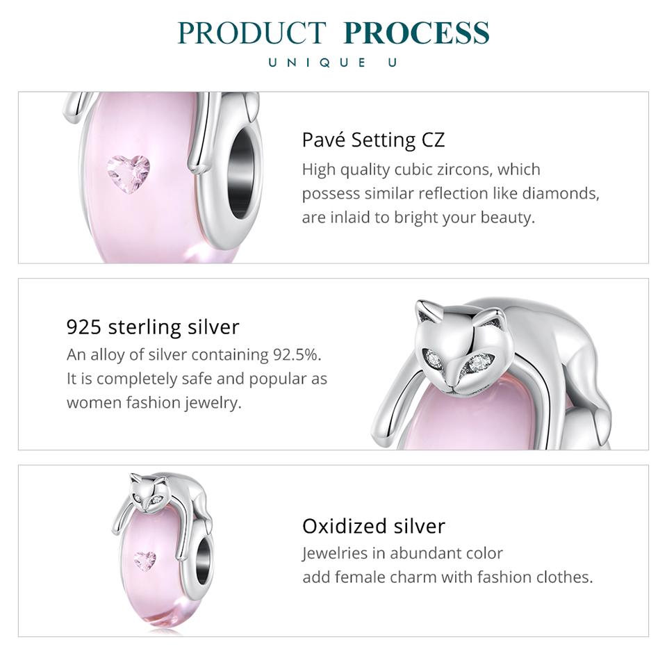 Bamoer 925 Sterling Silver Růžové skleněné korálky Stříbrné kočičí přívěsky Kubické zirkonie pro ženy Originální náramek jemné šperky