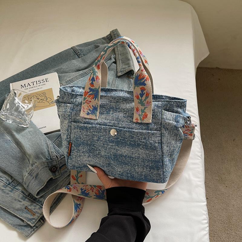 Fashionable sweet texture denim crossbody bag women's new ribbon trendy casual durable commuter shoulder bag