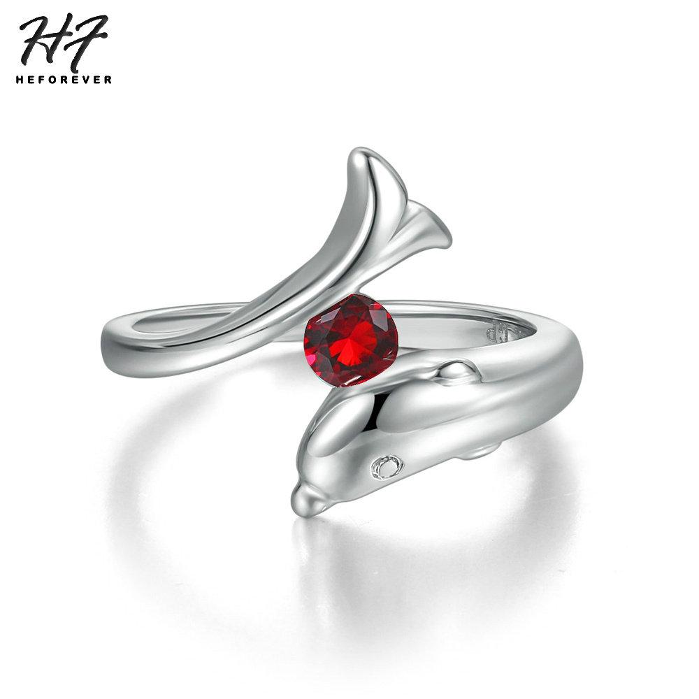 Trendy Birthstone Rings for Women New Design Dolphins Style Silver Plated 9 Colors Wedding Engagement Xmas Fashion Jewelry R788