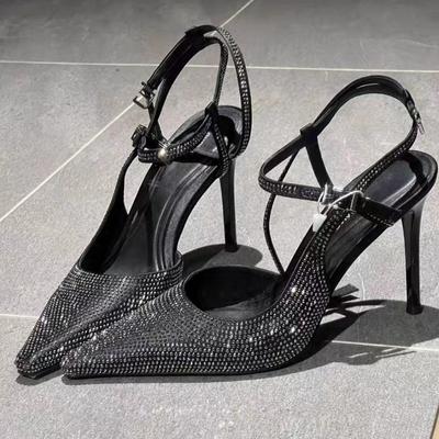 Fashion Luxury Bling Rhinestone Embellished Pumps Women Fashion Pointy Toe Ankle Strap Buckle Designer Shoe Sexy Nightclub Stripper Shoe