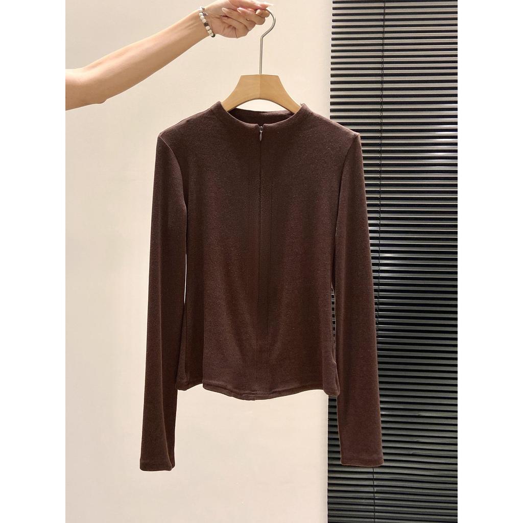 European-Style Slim-Fit Women's Zipper Collar Long-Sleeve T-Shirt, Brushed Warm Inner Layer for Autumn/Winter, Elegant Ins Style Base Top