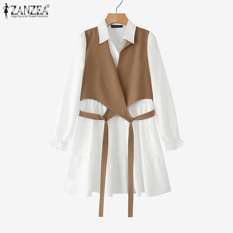 ZANZEA Women Casual Turn Down Collar Loose Long Sleeve Patchwork Shirt Dress