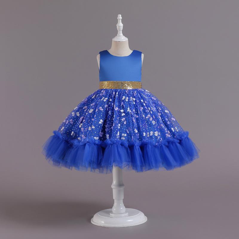 

Платье принцессы для девочек, без рукавов, пачка с цветочным принтом бабочек, украшенное пайетками, для свадьбы, вечера, дня рождения 150cm синий