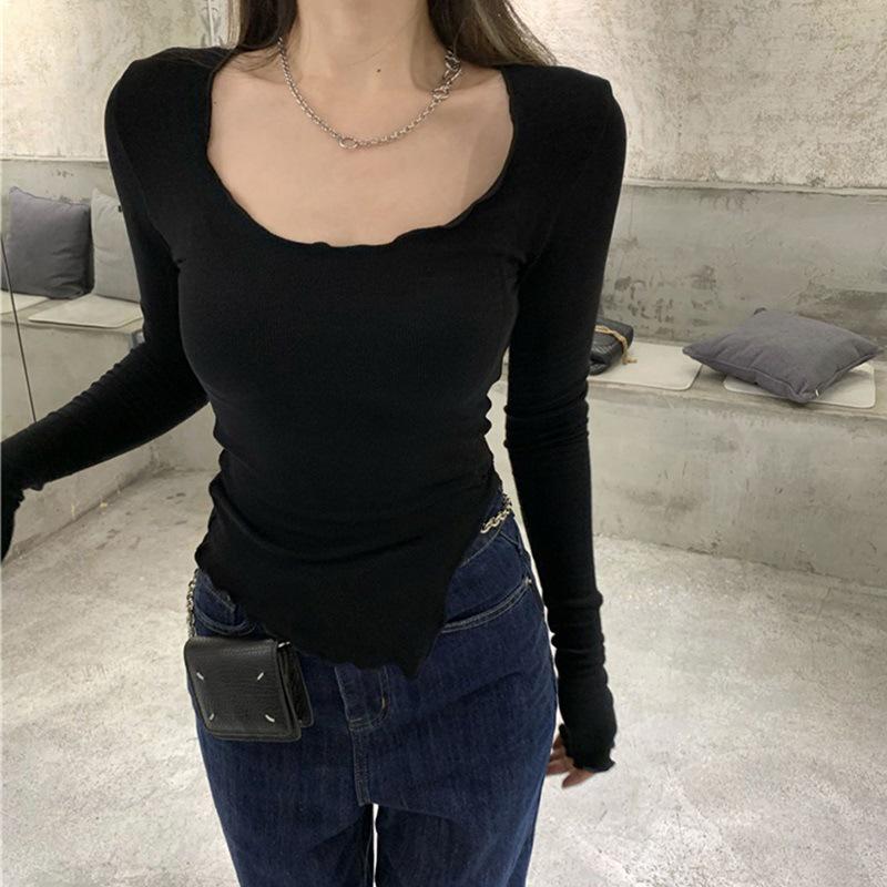 Women's Gray Long-Sleeve Tight Fit Short T-Shirt, Autumn 2025 Fashion.
