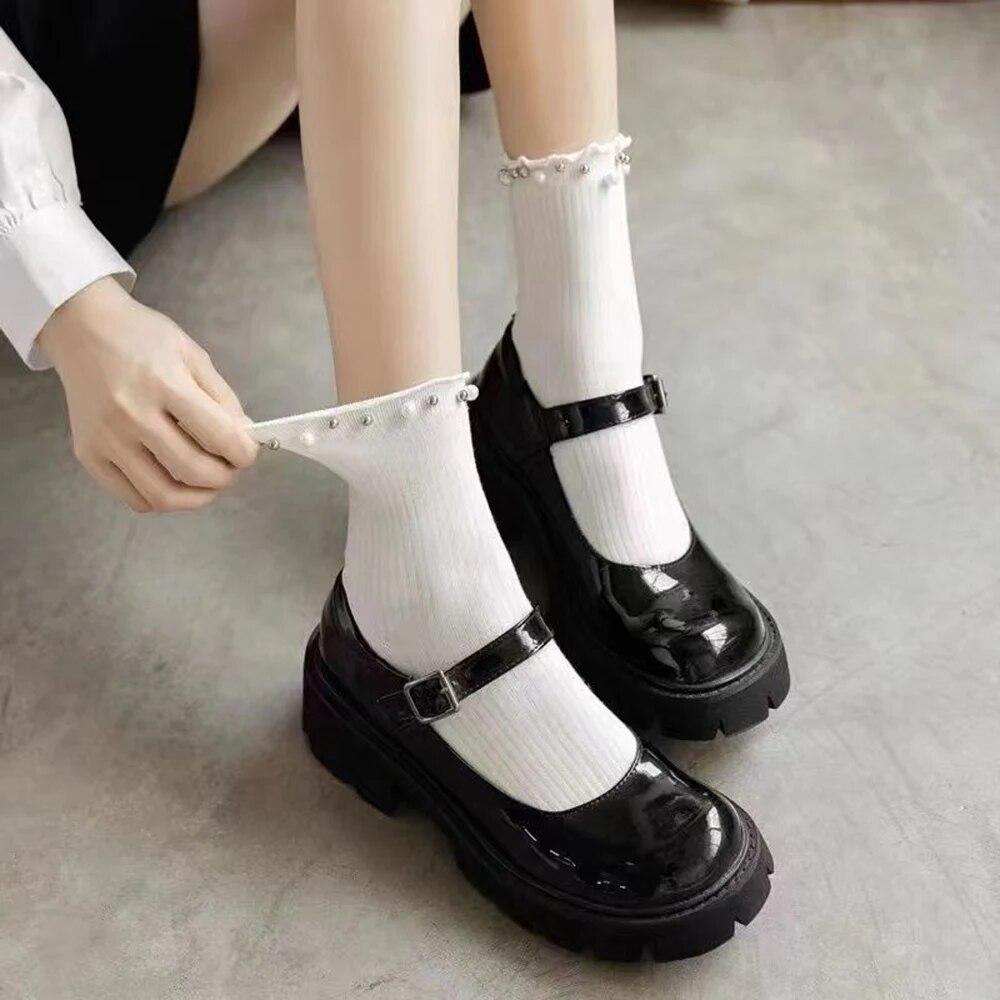 1 Pair Women's Mid Length Socks Pearl Decoration Fashion Pleated Pile Up Socks Lace Lace Lolita Jk Versatile Girls' Cotton Socks