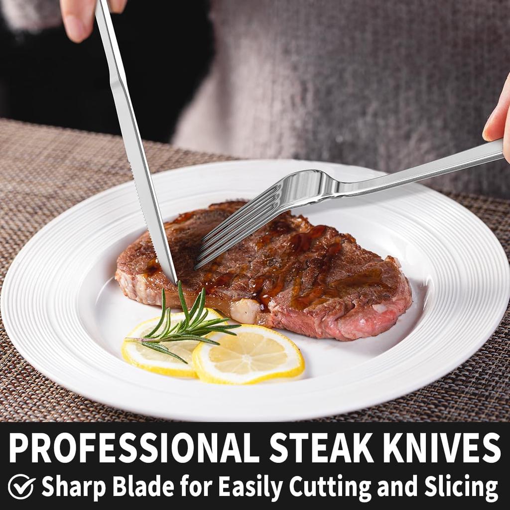 24-Piece Silverware Set Flatware Set for 4, Mirror Polished Stainless Steel with Steak Knives - Dishwasher Safe Kitchen Utensil Sets for Home,