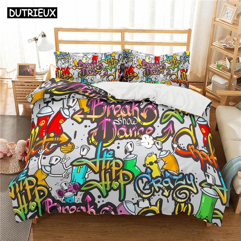Kreskówkowy Nadruk Graffiti Poliestrowe Zestawy Pościeli Dziecięce Pokrowce Chłopięcy Zestaw Pościeli Dla Nastolatków Zestaw Pościeli King Size