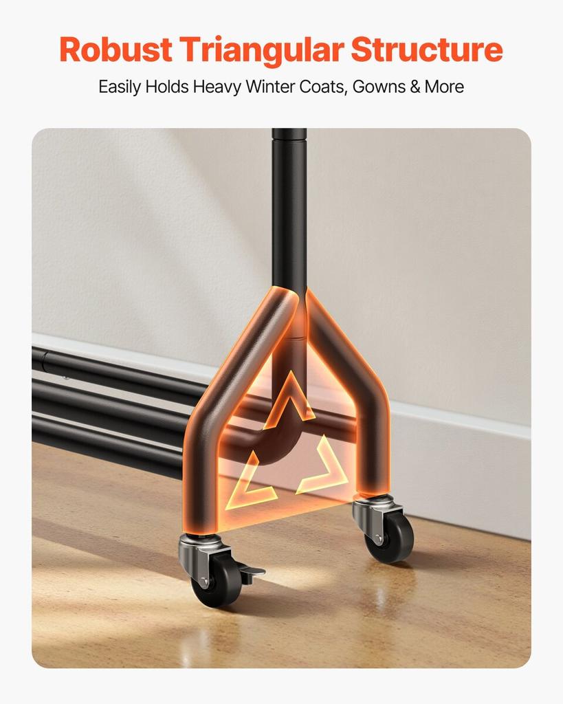Clothes Rack, Rolling Clothing Garment Rack with Hanging Rod and Side Hooks, 90 kg Load Capacity, Heavy Duty Carbon Steel Clothing Racks with Wheels,