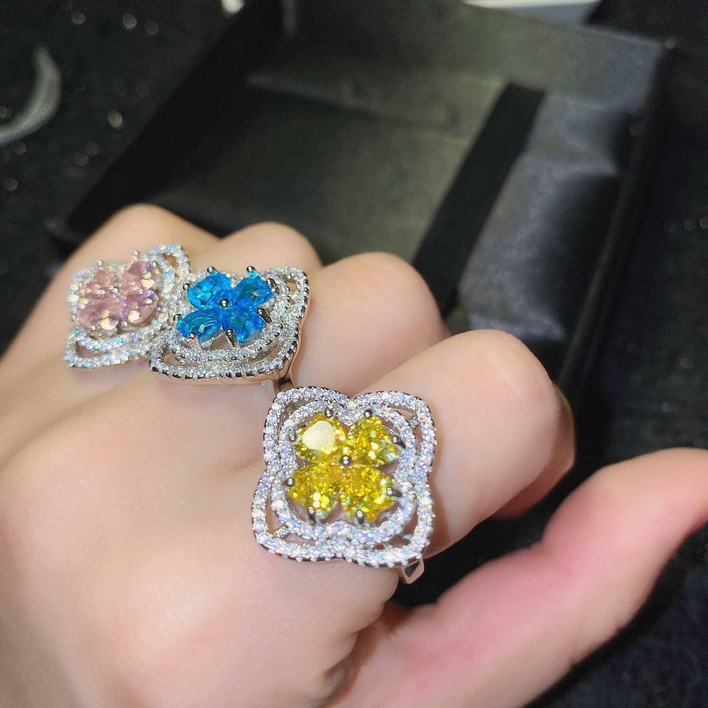 Argint 925 Nou de lux cu diamant complet acvamarin inel cu trifoi cu patru foi inel cu inimă cu diamante cu conținut ridicat de carbon Cadou de ziua de petrecere