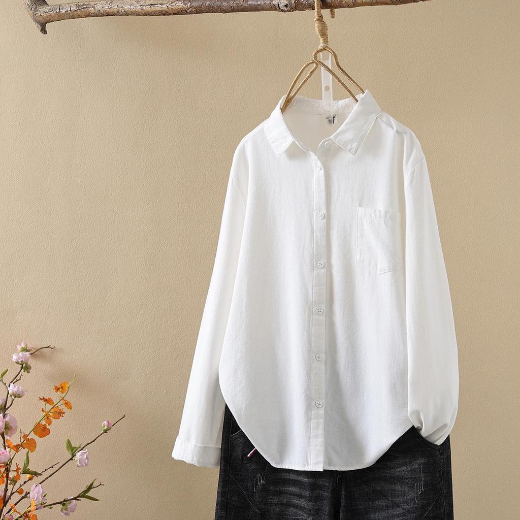 Solid Color Pure Cotton Long Sleeve Unisex Women's Shirt - Japanese Casual Style 