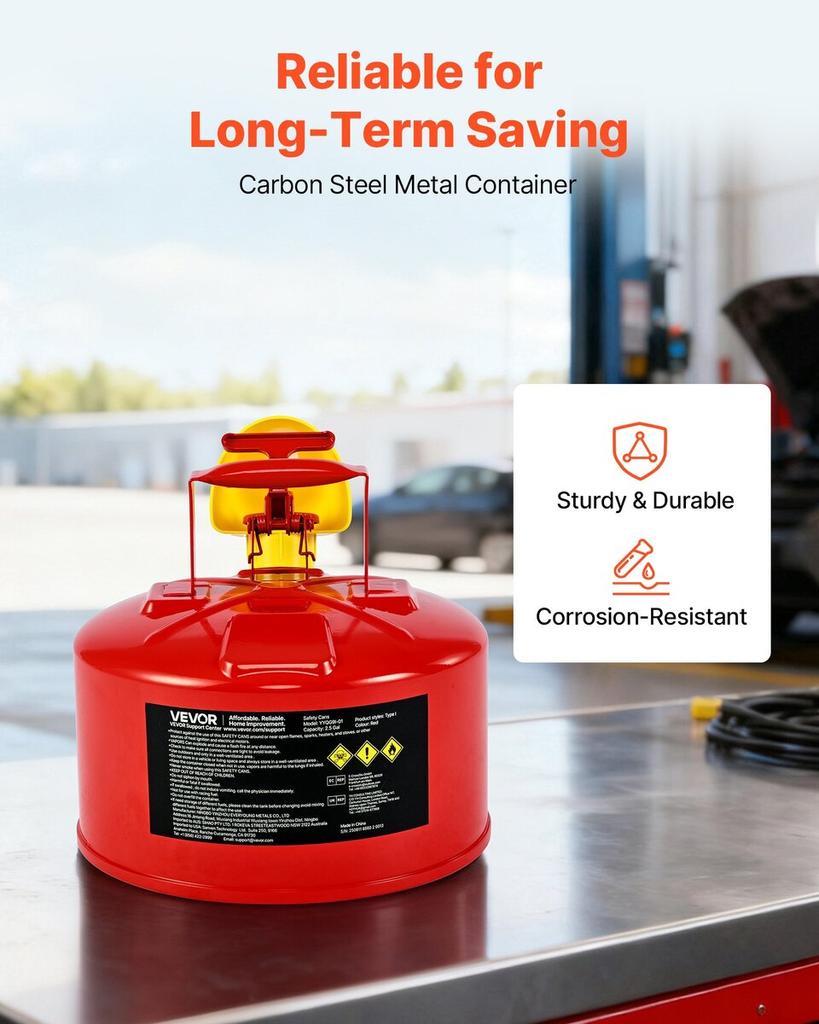 Safety Gas Can, 9.5 L Type I Red Safety Can for Gasoline with Stainless Steel Flame Arrester, Self-Closing Lid, and PE Funnel, Carbon Steel Flammable